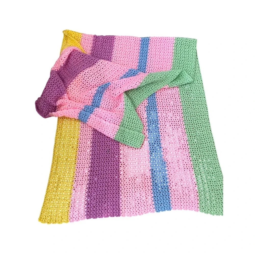 Handmade Crochet Blanket Pastel Vertical Stripe Pink Purple Yellow Green Throw